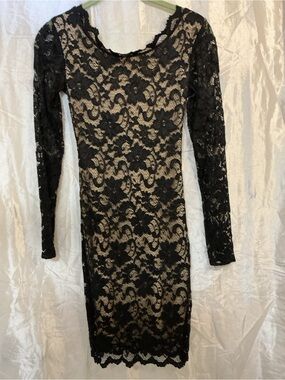 Arden B Black Lace Long-Sleeve Sheath Dress with Nude Lining